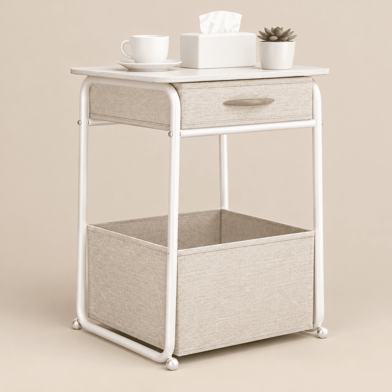 White Side Table with Storage Basket, End Tables with Fabric Drawer ...