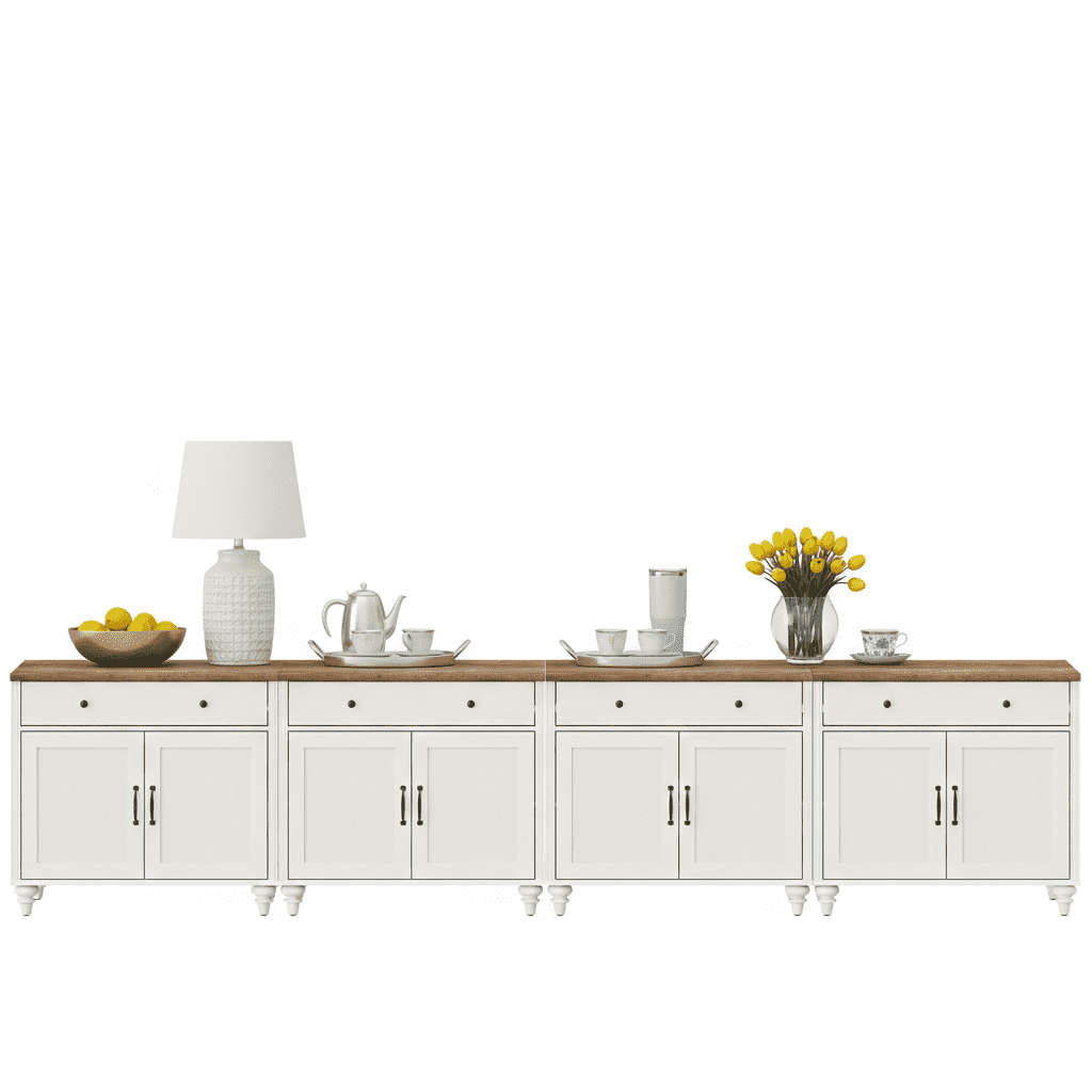 Sideboard Cabinet with 8 Wooden Doors, Credenzas & Sideboards, Large Buffet Cabinet Wood Kitchen Storage Cabinets, Modern Farmhouse Sideboard Credenza for Dining Room, White, 136 inch