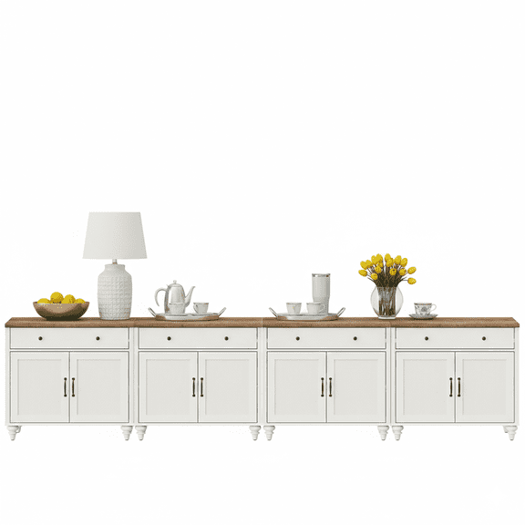 Sideboard Cabinet with 8 Wooden Doors, Credenzas & Sideboards, Large Buffet Cabinet Wood Kitchen Storage Cabinets, Modern Farmhouse Sideboard Credenza for Dining Room, White, 136 inch