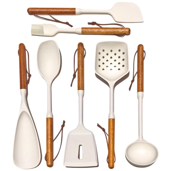 White Silicone Cooking Utensils Set  Kitchen 7 For Spatula With Heat Resistant Wood Handles Nonstick Cookware (cream White)