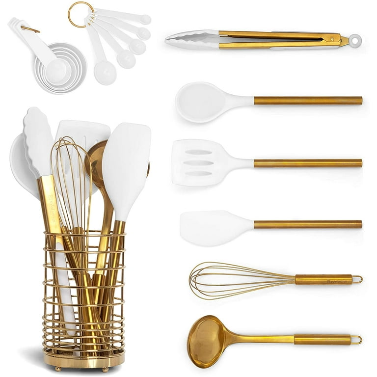 White Silicone and Gold Cooking Utensils Set with Gold Utensil Holder: 17PC  Set Includes White & Gold Measuring Cups and Spoons Set,White Utensils Set, Gold Spatula,Gold Whisk -Gold Kitchen Accessories 