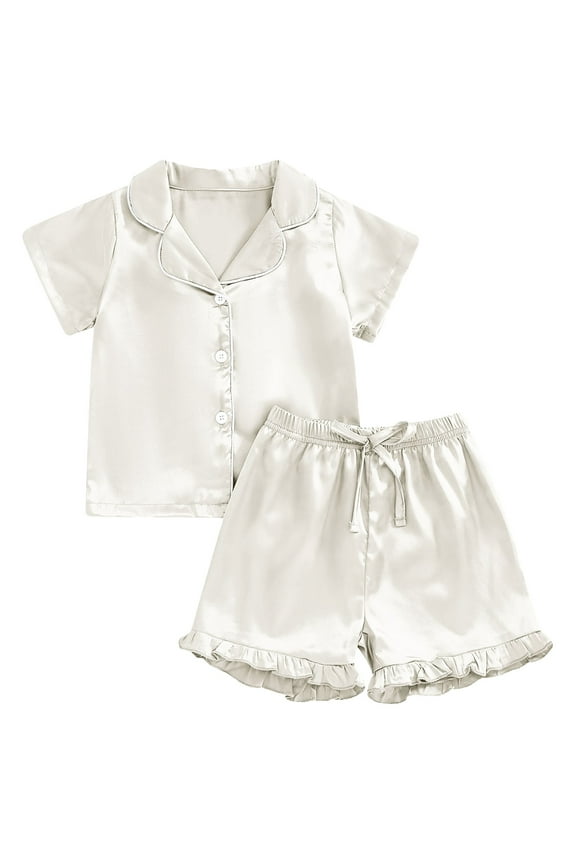 White Silk Pajamas Girls,Short Sleeve Top & Ruffled Shorts Sleepwear Button Down Tops Set 2 Piece Sleepwear Loungewear Set Girls Satin Pajamas Size 6-7 Years