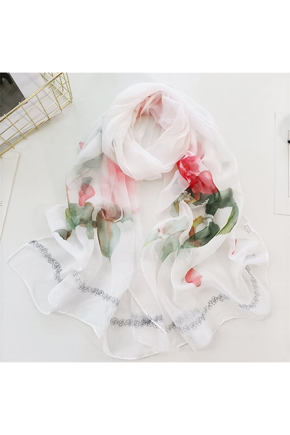White Silk Scarves for Women Scarfs for Women Lightweight Print Floral Pattern Scarf Shawl Fashion Scarves Sunscreen Shawls and Wraps for Spring on Sale Clearance