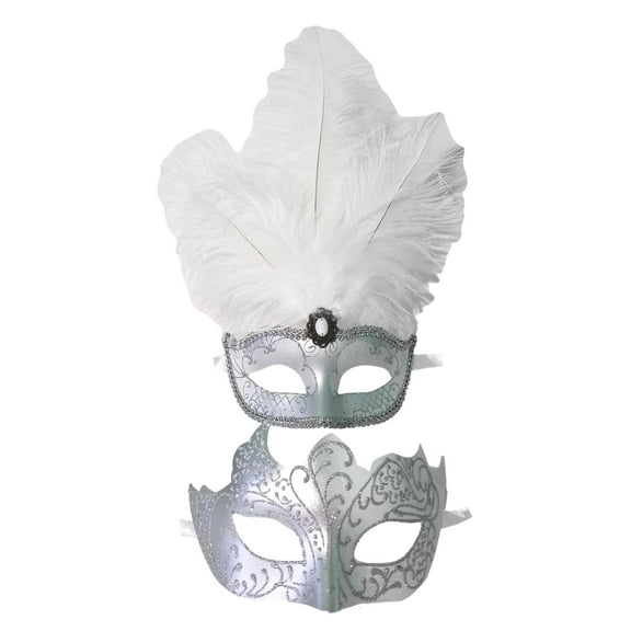 White Silver Couples Masquerade Mardi Gras Set Feather Mask