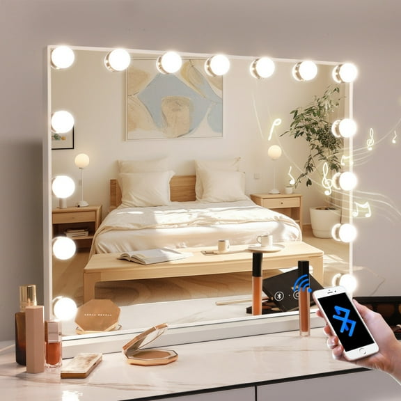 White+Silver Hollywood Vanity Mirror (22.8"18.9" 15 Dimmable LEDs, Bluetooth Speaker, USB Port, 3 Color Modes for Makeup)