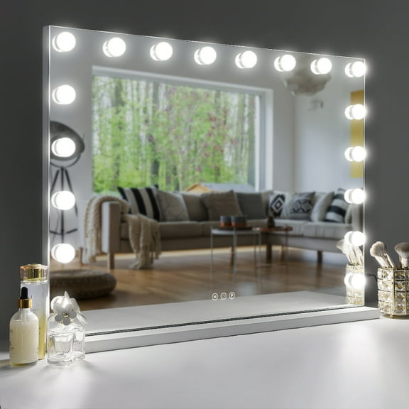 White+Silver Hollywood Vanity Mirror (31.5"23.62" 18 Dimmable LEDs, 10X Magnifier, USB, Tabletop/Wall Mount for Makeup)