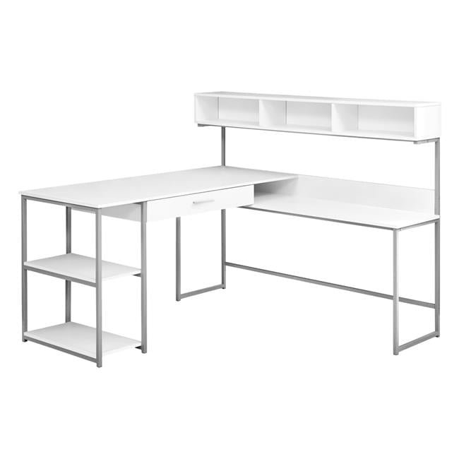 Contemporary White & Silver L-Shaped Computer Desk with Hutch and Drawer