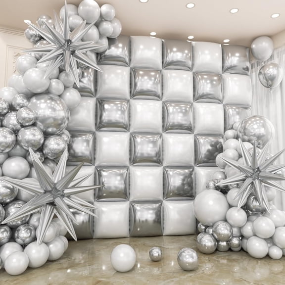 White and Silver Square Foil Balloons Wall Backdrop with Balloon Garland Arch Kit, Double Sided Balloons for Bachelorette Wedding Birthday Engagement Anniversary Party Decorations