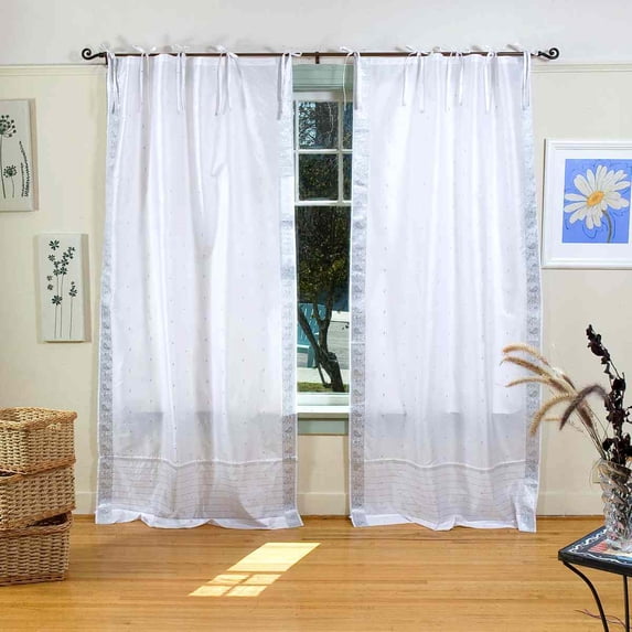White Silver Tie Top Sheer Sari Curtain / Drape / Panel - 43W x 84L - Pair
