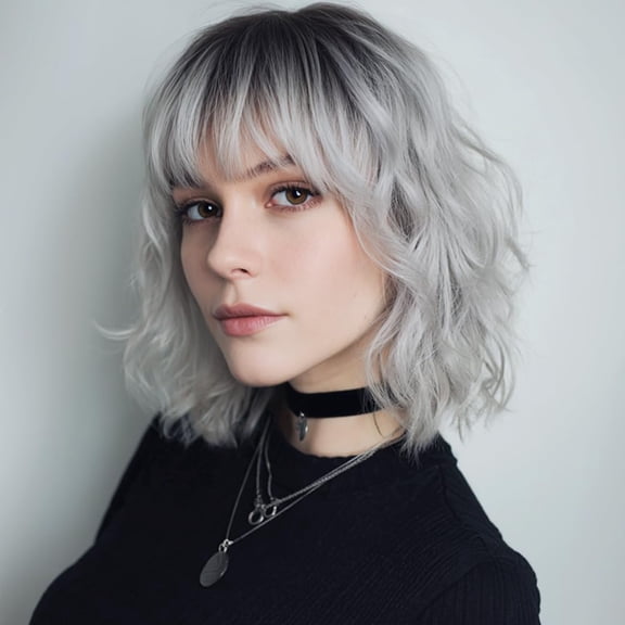 White Silver Wigs for Women Ombre Grey Wavy Bob Short Wigs with Bangs Medium Length Synthetic Hair Water Wave Dark Roots Wig Gray Colorful Wigs14 Inches
