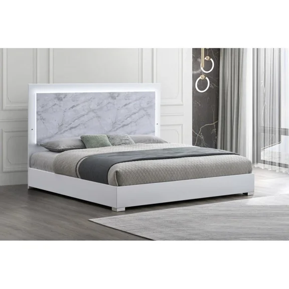 White/Silver Wood Modern Lacquer Queen Platform Bed with LED Lighting