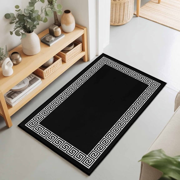 White Simple Geometric Pattern Rectangle Area Rug 2x3ft,Living Room Rug Non-Slip Washable Circle Rugs Pad,Art Texture on Black Soft Floor Carpet for Bedroom Dining Room