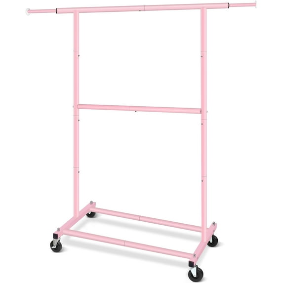 Pink Simple Standard Double Rod Rolling Clothing Garment Rack for Hanging Clothes, Metal Clothes Organizer with Lockable Wheels Mobile for Women, Girls and Kids, Portable Freestanding