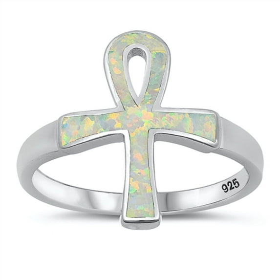 White Simulated Opal Ankh Cross Ring Sterling Silver Size 10