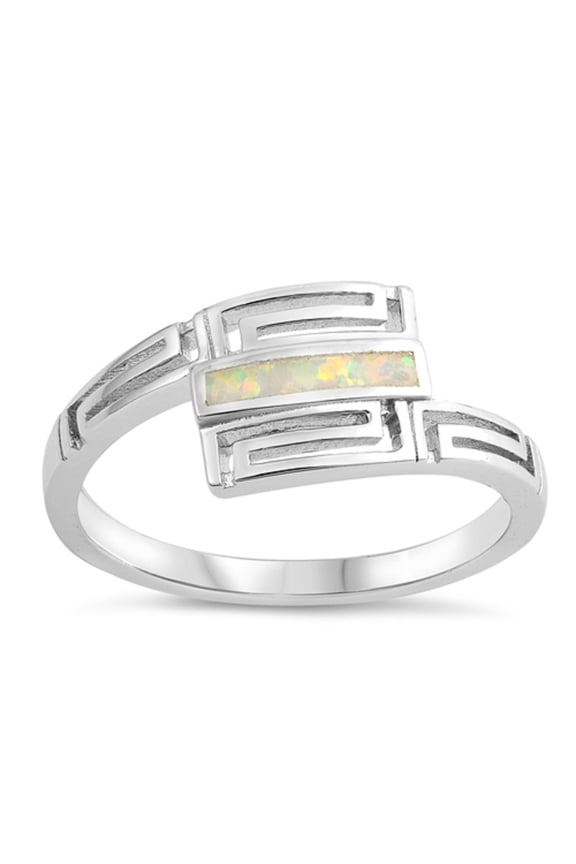 White Simulated Opal Bar Roman Design Ring Sterling Silver Size 6