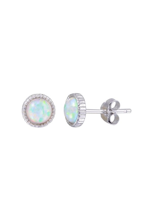 White Simulated Opal Beaded Edge Round Stud Earring Sterling Silver