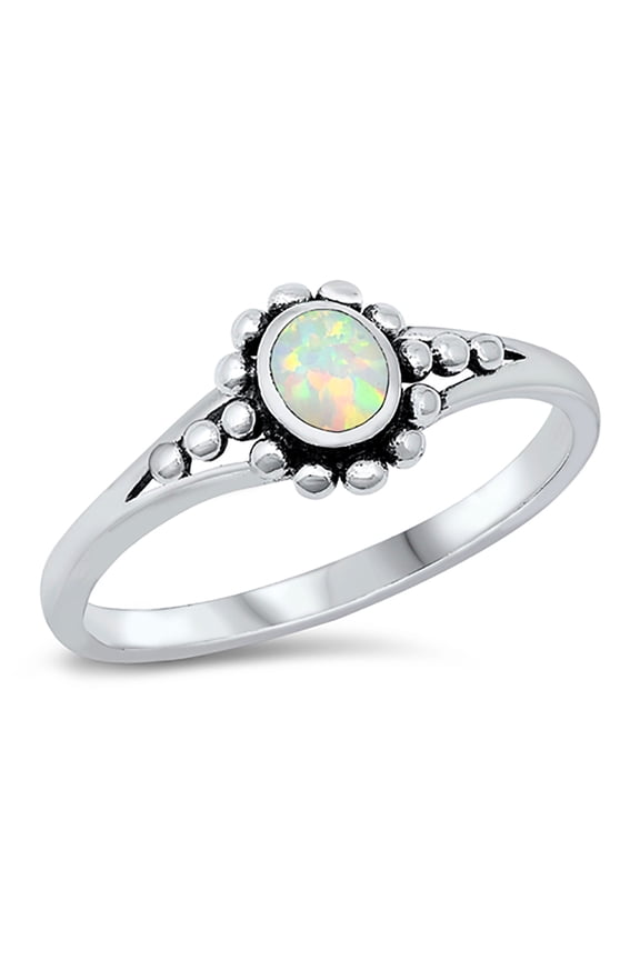 White Simulated Opal Beaded Flower Design Ring Sterling Silver Size 8