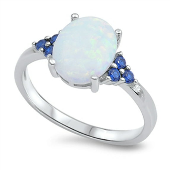 White Simulated Opal Blue Simulated Sapphire Ring .925 Sterling Silver Band CZ Female Size 10