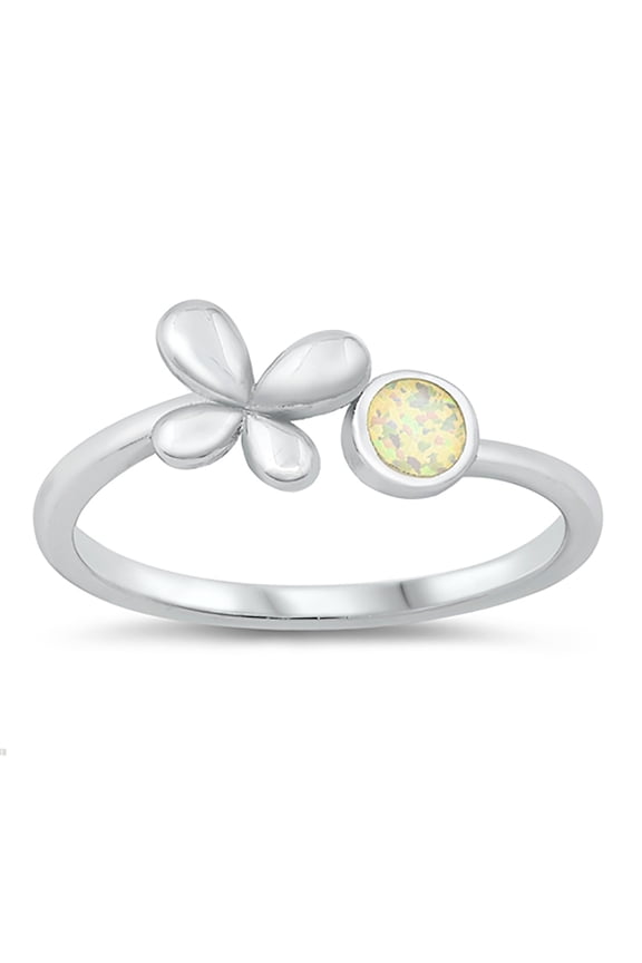 White Simulated Opal Butterfly Bead Ring Sterling Silver Size 6