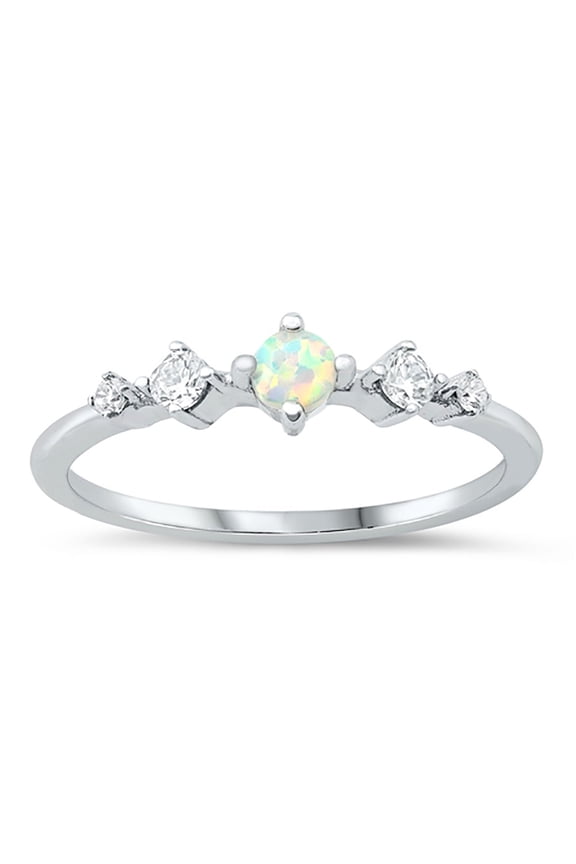 White Simulated Opal Center Cubic Zirconia Five Stone Stackable Ring Sterling Silver Size 6