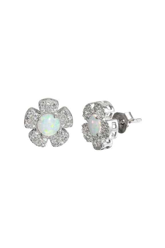 White Simulated Opal Center Cubic Zirconia Flower Stud Earrings Sterling Silver