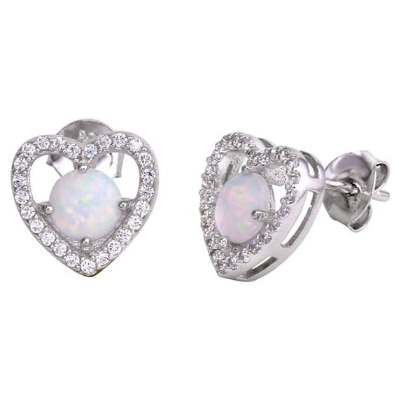 White Simulated Opal Center Cubic Zirconia Heart Stud Earrings Sterling Silver