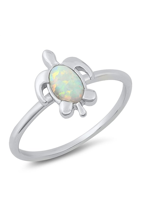 White Simulated Opal Classic Sea Turtle Ring Sterling Silver Size 9