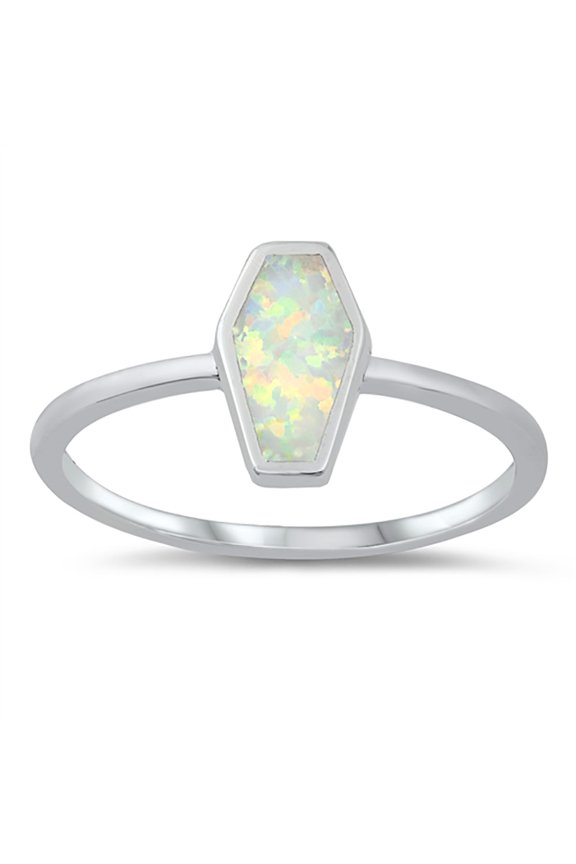 White Simulated Opal Coffin Shape Ring Sterling Silver Size 5
