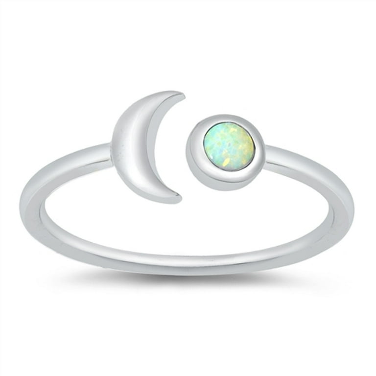 White Simulated Opal Crescent Moon Open Ring Sterling Silver Size