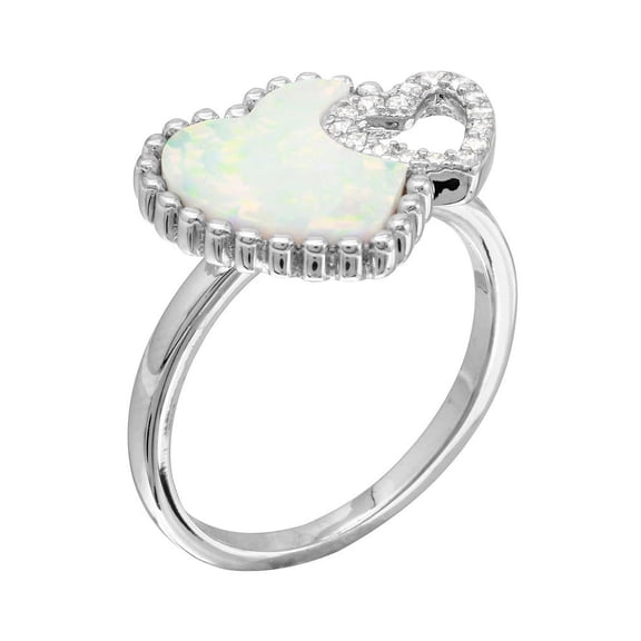 White Simulated Opal Cubic Zirconia Double Heart Design Ring Rhodium Plated Sterling Silver Size 7