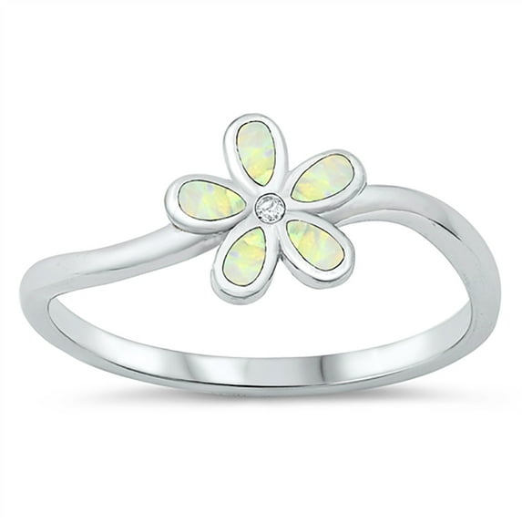 White Simulated Opal Cubic Zirconia Plumeria Flower Ring Sterling Silver Size 8