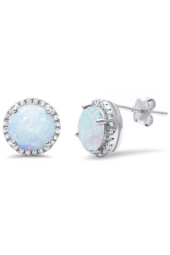 White Simulated Opal Cubic Zirconia Round Halo stud Earrings Sterling Silver 8mm