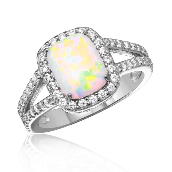 White Simulated Opal Cubic Zirconia Split Shank Halo Ring Rhodium Plated Sterling Silver Size 9
