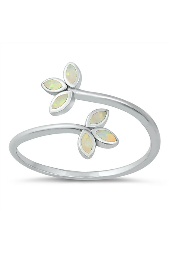 White Simulated Opal Double Adjustable Leaf Ring Sterling Silver Size 5
