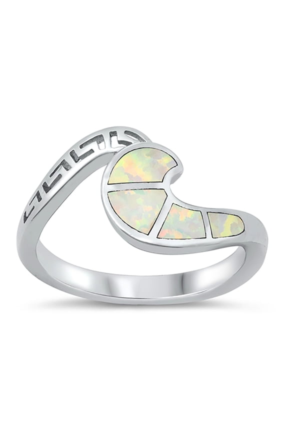 White Simulated Opal Greek Ocean Wave Ring Sterling Silver Size 5