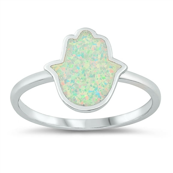 White Simulated Opal Hamsa Hand Ring Sterling Silver Size 8