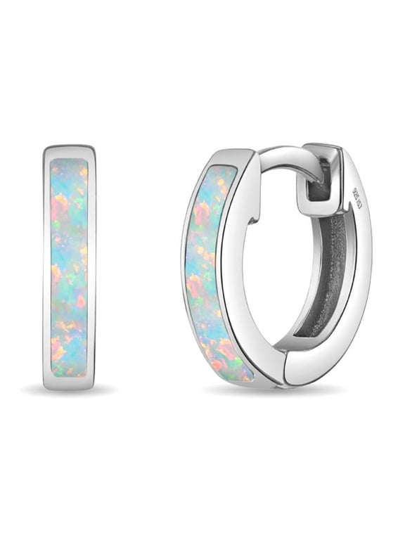 White Simulated Opal Inlay Huggie Hoop Earrings 8mm - Sterling Silver