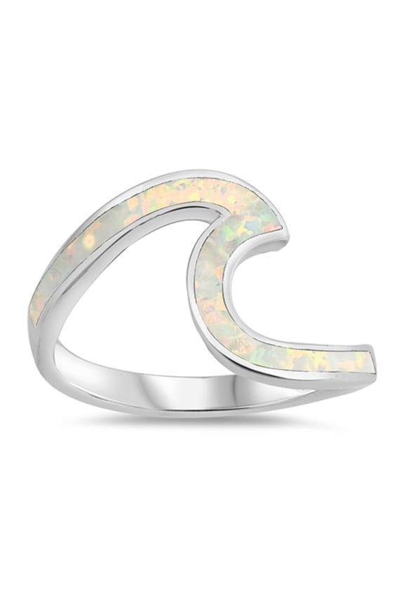 White Simulated Opal Large Wave Designer Ring Sterling Silver Size 8