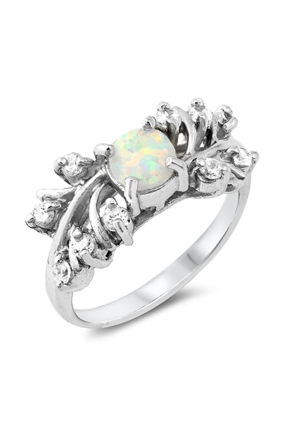 White Simulated Opal Leaf Fantasy Flower Ring ( Sizes 6 7 8 9 ) New .925 Sterling Silver Band Rings (Size 8)