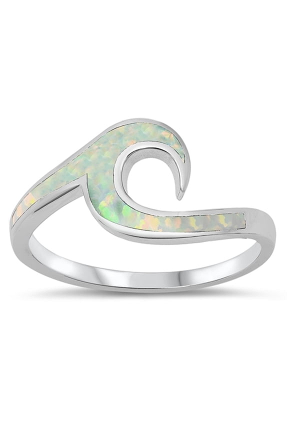 White Simulated Opal Ocean Wave Ring Sterling Silver Size 8