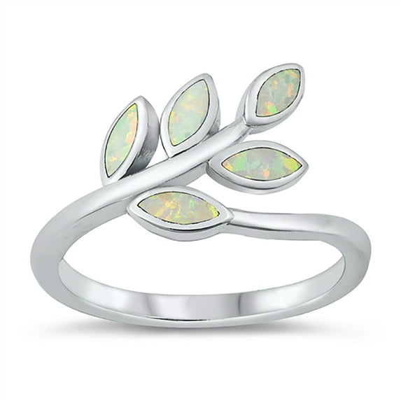 White Simulated Opal Olive Branch Ring Sterling Silver Size 9