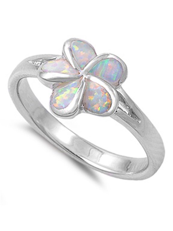 White Simulated Opal Plumeria Tropical Flower Ring 925 Sterling Silver Band CZ Female Size 8