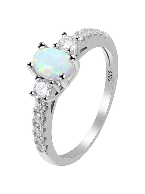 White Simulated Opal Ring for Women Sterling Silver Oval Cubic Zirconia Engagement Ring Size 11 by Ginger Lyne