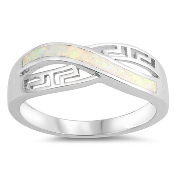 White Simulated Opal Roman Pattern Ring Sterling Silver Size 7