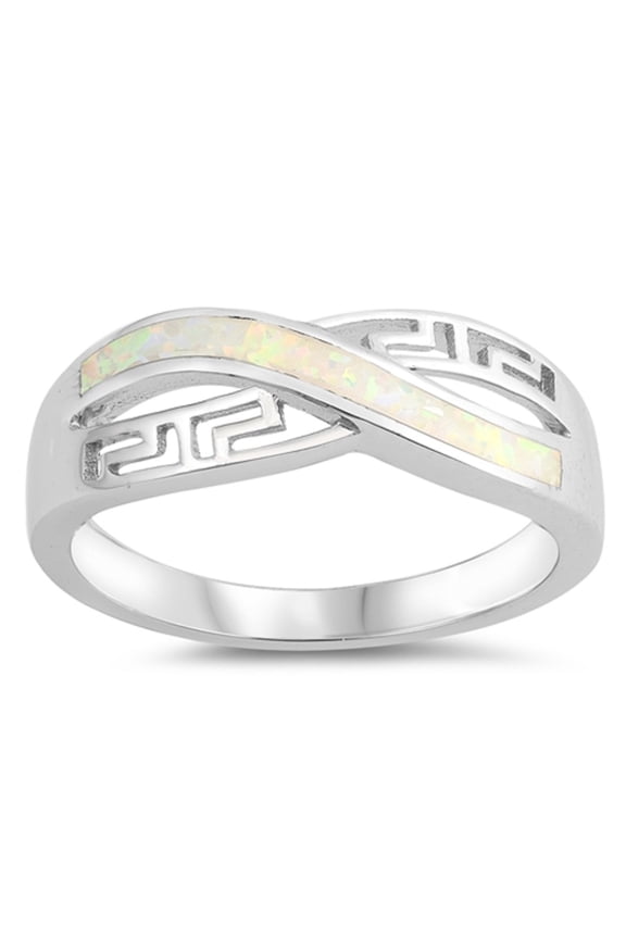 White Simulated Opal Roman Pattern Ring Sterling Silver Size 8