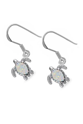 White Simulated Opal Sea Turtle Fishook Earrings Sterling Silver