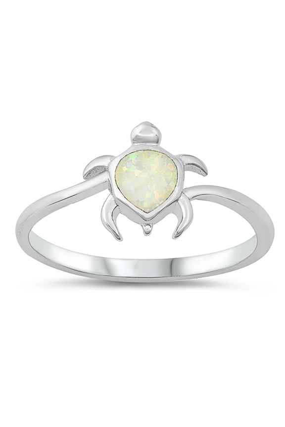 White Simulated Opal Sea Turtle Ring Sterling Silver Size 7