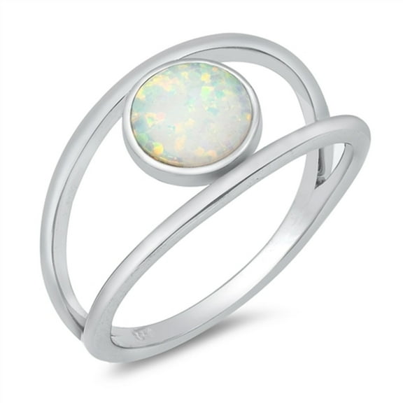 White Simulated Opal Split Shank Band Ring Sterling Silver Size 7