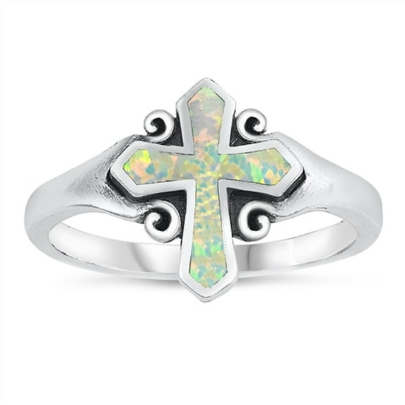 White Simulated Opal Swirl Passion Cross Ring Sterling Silver Size 4