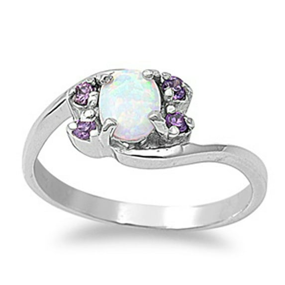 White Simulated Opal Swirl Wrap Promise Ring .925 Sterling Silver Band Purple CZ Female Size 5